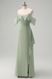 Light Green Sheath Off The Shoulder Chiffon Floor Length Bridesmaid Dress with Ruffle Slit