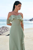 Light Green Sheath Strapless Chiffon Floor Length Bridesmaid Dress with Ruffle Slit