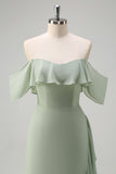 Light Green Sheath Off The Shoulder Chiffon Floor Length Bridesmaid Dress with Ruffle Slit