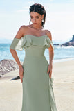 Light Green Sheath Strapless Chiffon Floor Length Bridesmaid Dress with Ruffle Slit