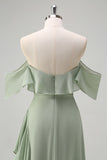 Light Green Sheath Off The Shoulder Chiffon Floor Length Bridesmaid Dress with Ruffle Slit