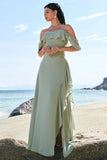 Light Green Sheath Strapless Chiffon Floor Length Bridesmaid Dress with Ruffle Slit