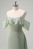 Light Green Sheath Off The Shoulder Chiffon Floor Length Bridesmaid Dress with Ruffle Slit