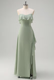 Light Green Sheath Off The Shoulder Chiffon Floor Length Bridesmaid Dress with Ruffle Slit