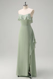 Light Green Sheath Off The Shoulder Chiffon Floor Length Bridesmaid Dress with Ruffle Slit