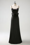 Black Mermaid Spaghetti Straps Long Ruffle Satin Bridesmaid Dress with Bow