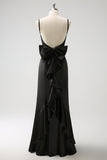 Black Mermaid Spaghetti Straps Long Ruffle Satin Bridesmaid Dress with Bow