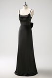 Black Mermaid Spaghetti Straps Long Ruffle Satin Bridesmaid Dress with Bow