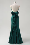 Dark Green Mermaid Spaghetti Straps Satin Long Bridesmaid Dress with Bow