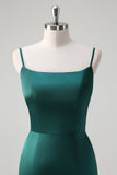 Dark Green Mermaid Spaghetti Straps Satin Long Bridesmaid Dress with Bow