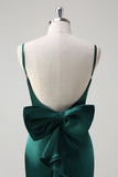 Dark Green Mermaid Spaghetti Straps Satin Long Bridesmaid Dress with Bow