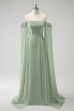 Light Green A Line Cold Shoulder Convertible Chiffon Long Bridesmaid Dress