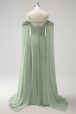 Light Green A Line Cold Shoulder Convertible Chiffon Long Bridesmaid Dress