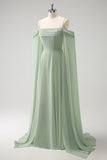 Light Green A Line Cold Shoulder Convertible Chiffon Long Bridesmaid Dress