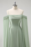 Light Green A Line Cold Shoulder Convertible Chiffon Long Bridesmaid Dress