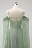 Light Green A Line Cold Shoulder Convertible Chiffon Long Bridesmaid Dress