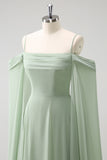 Light Green A Line Cold Shoulder Convertible Chiffon Long Bridesmaid Dress