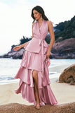 Pink A-Line V-Neck Tiered Ruched Satin Long Bridesmaid Dress with Ruffle Slit