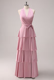 Pink A Line V-Neck Ruched Tiered Lace Up Satin Long Bridesmaid Dress