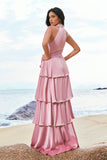 Pink A-Line V-Neck Tiered Ruched Satin Long Bridesmaid Dress with Ruffle Slit