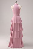 Pink A Line V-Neck Ruched Tiered Lace Up Satin Long Bridesmaid Dress