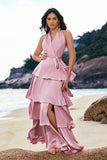 Pink A-Line V-Neck Tiered Ruched Satin Long Bridesmaid Dress with Ruffle Slit