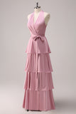 Pink A Line V-Neck Ruched Tiered Lace Up Satin Long Bridesmaid Dress