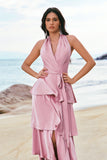 Pink A-Line V-Neck Tiered Ruched Satin Long Bridesmaid Dress with Ruffle Slit