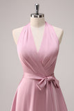 Pink A Line V-Neck Ruched Tiered Lace Up Satin Long Bridesmaid Dress