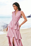 Pink A-Line V-Neck Tiered Ruched Satin Long Bridesmaid Dress with Ruffle Slit