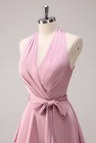 Pink A Line V-Neck Ruched Tiered Lace Up Satin Long Bridesmaid Dress