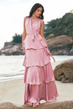 Pink A-Line V-Neck Tiered Ruched Satin Long Bridesmaid Dress with Ruffle Slit