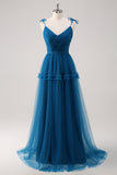 Dark Blue A Line Spaghetti Straps Tulle Ruched Long Bridesmaid Dress