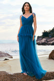 Dark Blue A-Line Spaghetti Straps Ruched Long Tulle Bridesmaid Dress