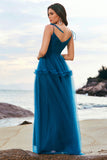 Dark Blue A-Line Spaghetti Straps Ruched Long Tulle Bridesmaid Dress