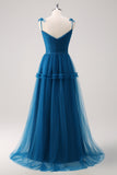 Dark Blue A Line Spaghetti Straps Tulle Ruched Long Bridesmaid Dress