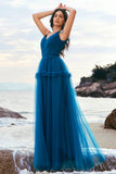 Dark Blue A-Line Spaghetti Straps Ruched Long Tulle Bridesmaid Dress