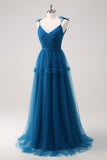 Dark Blue A Line Spaghetti Straps Tulle Ruched Long Bridesmaid Dress