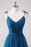 Dark Blue A Line Spaghetti Straps Tulle Ruched Long Bridesmaid Dress