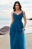 Dark Blue A-Line Spaghetti Straps Ruched Long Tulle Bridesmaid Dress