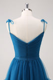 Dark Blue A Line Spaghetti Straps Tulle Ruched Long Bridesmaid Dress