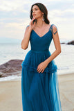 Dark Blue A-Line Spaghetti Straps Ruched Long Tulle Bridesmaid Dress