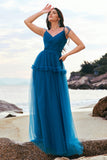 Dark Blue A-Line Spaghetti Straps Ruched Long Tulle Bridesmaid Dress