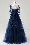 Navy A-Line Spaghetti Straps Corset Tulle Long Bridesmaid Dress