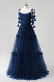 Navy A-Line Spaghetti Straps Corset Tulle Long Bridesmaid Dress