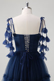 Navy A-Line Spaghetti Straps Corset Tulle Long Bridesmaid Dress