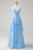 Sky Blue A Line V Neck Tiered Long Bridesmaid Dress with Lace Up Back