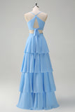 Sky Blue A Line V Neck Tiered Long Bridesmaid Dress with Lace Up Back