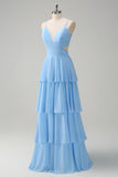 Sky Blue A Line V Neck Tiered Long Bridesmaid Dress with Lace Up Back