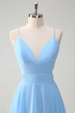 Sky Blue A Line V Neck Tiered Long Bridesmaid Dress with Lace Up Back